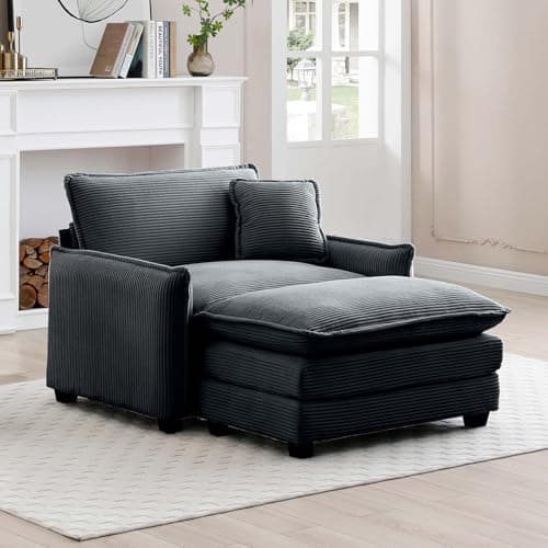 Beige Oversized Corduroy Chaise Lounge with Ottoman & Recline