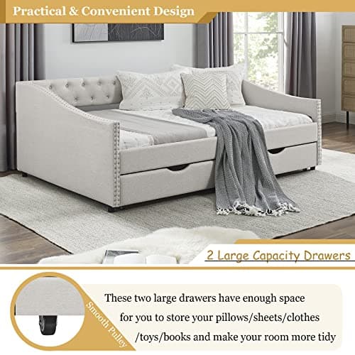Beige Wood Full Size Daybed with Storage, Upholstered Nailhead Design, No Box Spring Needed