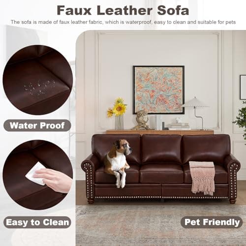 Burgundy Mid Century Faux Leather Sofa Set with Storage & Nailhead Trim