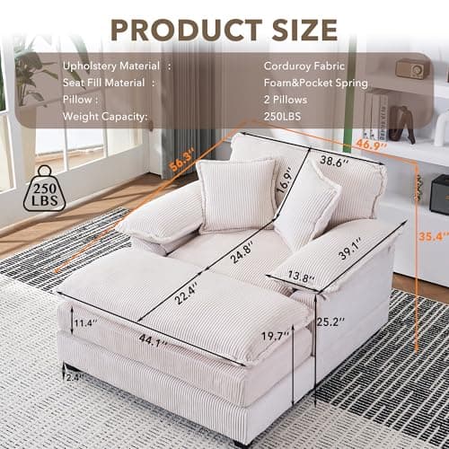 56.3" Oversized Corduroy Chaise Lounge with Ottoman, Plush Seat for Living Room