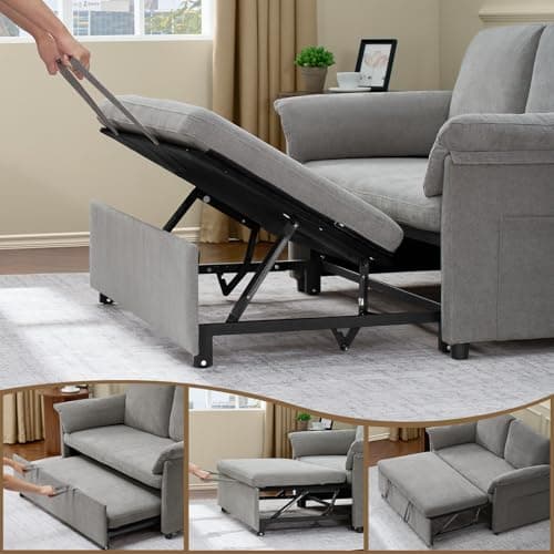 3-in-1 Chenille Convertible Sofa Bed with Pull-Out Bed & Adjustable Backrest, Grey