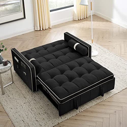 JEEOHEY 55" Tufted Velvet Sleeper Sofa Bed, Black Small Space Convertible Couch