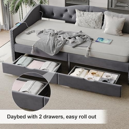 Twin Upholstered Daybed with Storage, Button-Tufted Velvet Sofa Bed,Haze Grey