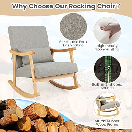 Giantex Modern Rocking Chair - Rubber Wood Frame, Comfy Seat & Backrest, Grey