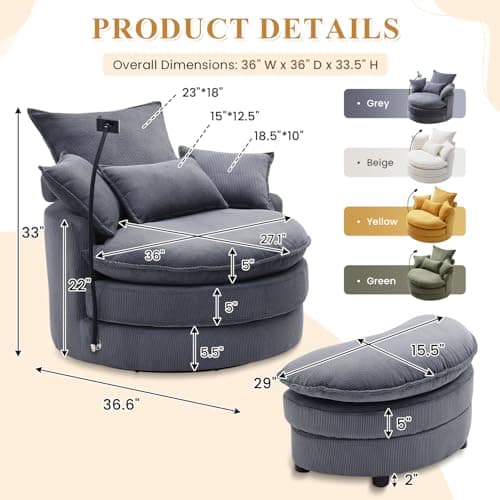 Modern Grey 360 Degree Swivel ARMChair with Phone Holder & Storage Ottoman