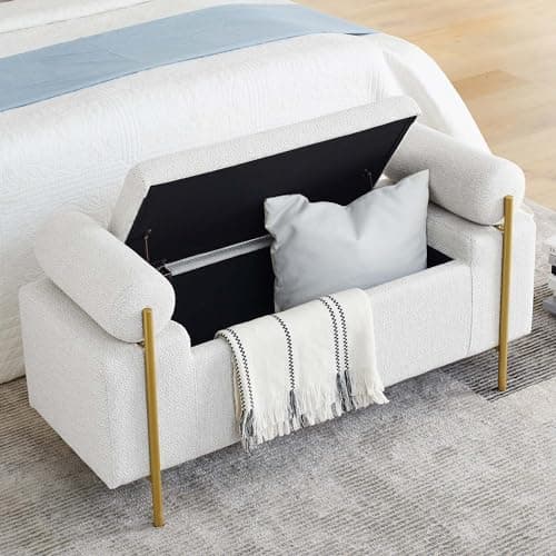 JEEOHEY Storage Bench for Bedroom, Modern Ottoman with Metal Legs and Storage in White
