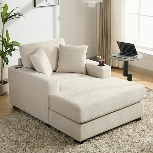 Oversized Cream Chenille Reclining Chaise Longue with Pillows & Charging Station
