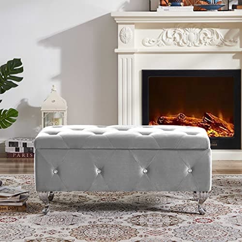 Velvet Upholstered Storage Ottoman Bench with Safety Hinge and Padded Seat in Grey