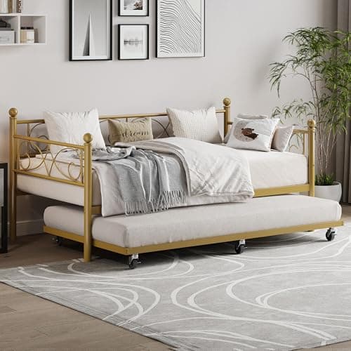 Gold Metal Day Bed, Twin Size with Floral Headboard, Modern SOFE Bed Frame