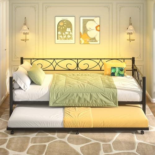 Unikito Black Metal Daybed with Pop-Up Trundle, Charging Station, and LED Lights