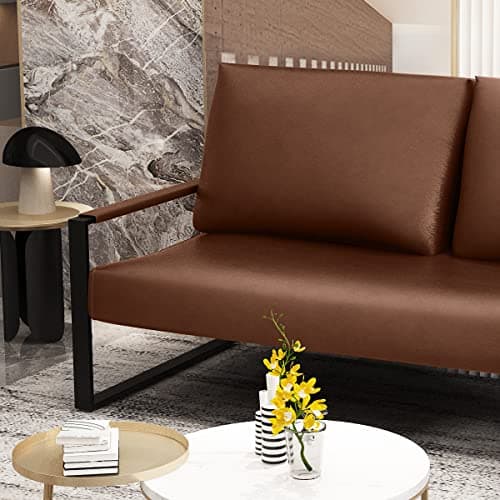 Mid-Century Brown Faux Leather Loveseat for Small Spaces