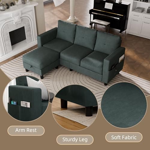 JAMFLY 3-Seat L-Shaped Sectional Sofa with Ottoman, Blue