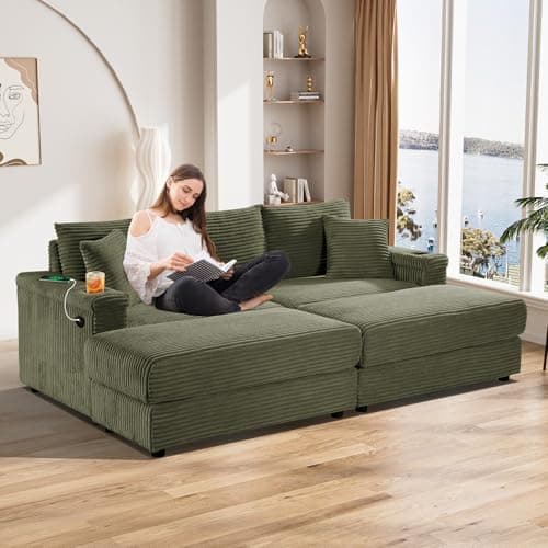 Beige & White Oversized Chaise Longue with USB & Cup Holder, 42" W
