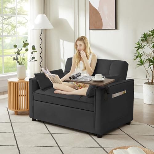 3 in 1 Sleeper Sofa Bed, Velvet Futon with Chaise Lounge & Reclining Backrest (Black)