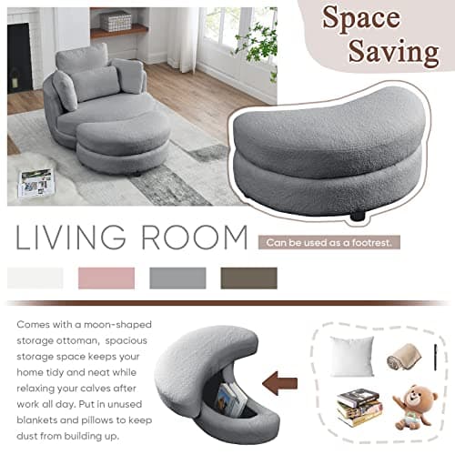 Grey Teddy Fabric Swivel Chair with Storage Ottoman