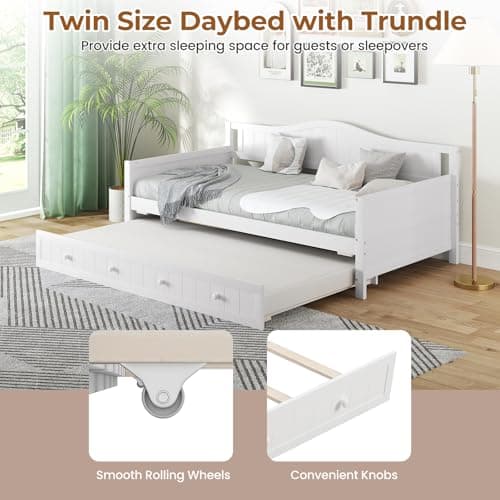 Giantex White Twin Daybed with Trundle & Slats Support