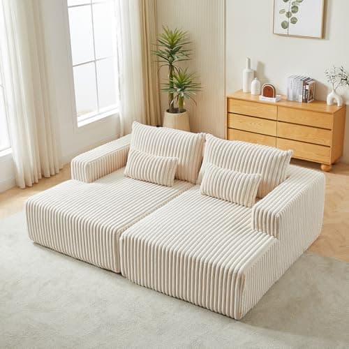 Beige Oversized Chaise Lounge Chair, 87" Plush Corduroy Sofa