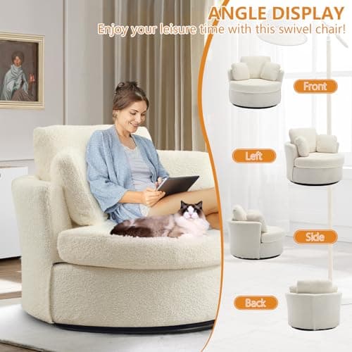 JEEOHEY 42 Ivory Teddy Swivel Barrel Chair - Modern Oversized Accent Chair for Nursery, Living Room, Bedroom