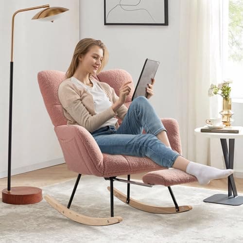 JEEOHEY Teddy Glider Rocking Chair with Footrest and High Backrest for Nursery, Living Room, and Bedroom (Caramel)