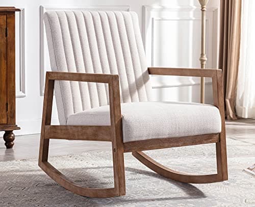 VESCASA Beige Linen Tufted Mid-Century Rocking Chair, Light Walnut Frame, Living Room Nursery Bed RocChair