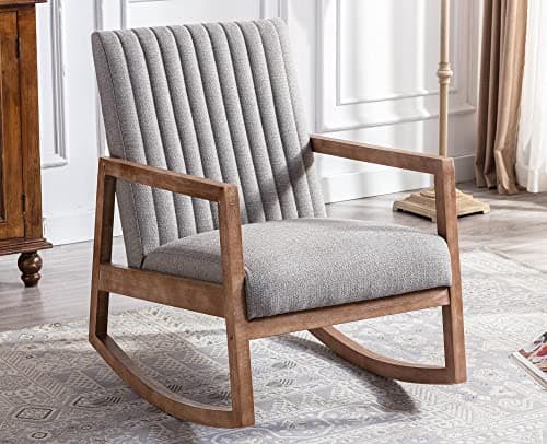 VESCASA Beige Linen Tufted Mid-Century Rocking Chair, Light Walnut Frame, Living Room Nursery Bed RocChair