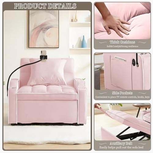 Convertible Velvet Sleeper Chair Bed with USB Ports & Phone Holder - 3-in-1 Recliner for Living Room & Small Spaces (Pink)