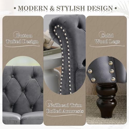 Chesterfield Sofa Set, 2 Pieces Velvet Couch with Nailhead Trim and Rolled Arms