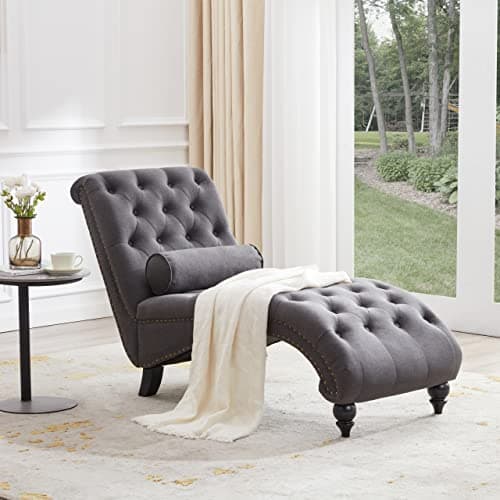 Beige Button-Tufted Armless Chaise Lounge with Solid Wood Legs & Pillow for Living Room