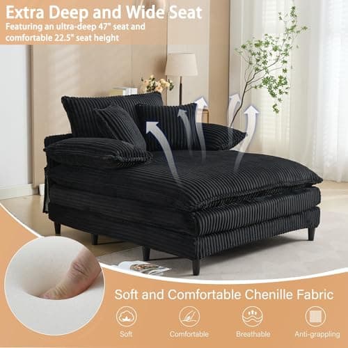 55” Black Corduroy Oversized Comfy Lounge Chaise Chair with 3 Throw Pillows, 4-Position Adjustable Backrest