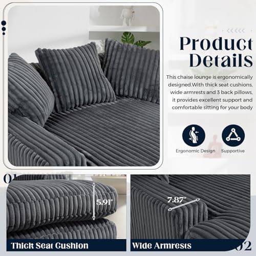 Oversized Grey Chaise Lounge Chair with Armrests & Throw Pillows - Modern Indoor Sofa for Living Room & Bedroom