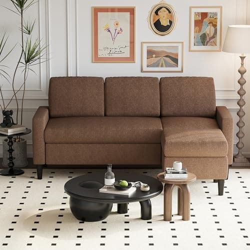 Shintenchi Brown 3 Seat L-Shaped Convertible Sofa with Ottoman, Linen Fabric