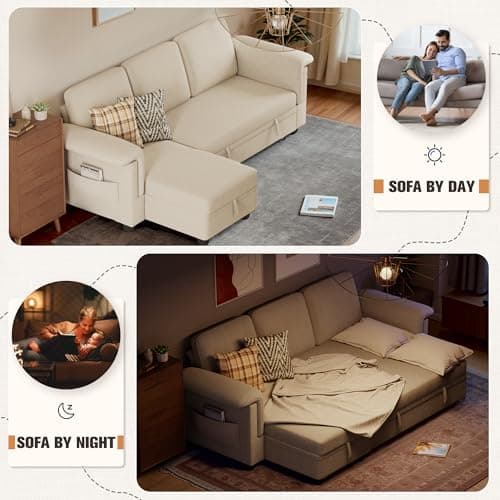 Homall Beige Linen L-Shaped Sleeper Sofa with Storage