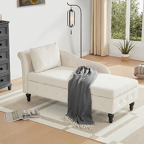 Beige Button-Tufted Armless Chaise Lounge with Solid Wood Legs & Pillow for Living Room