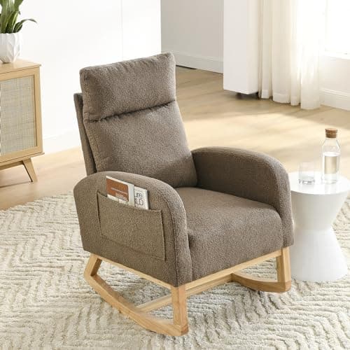 Modern Nursery Rocking Chair with Side Pockets & Solid Wood Legs (Fabric-Beige)