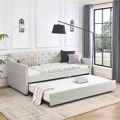 Full Size Upholstered Day Bed with Drawers & Tufted Back, Dark Grey