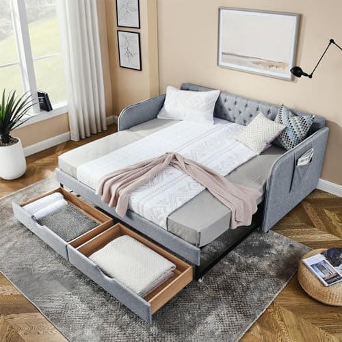 Twin Size Day Bed with Trundle and Storage Drawers for Living Room or Guest Room