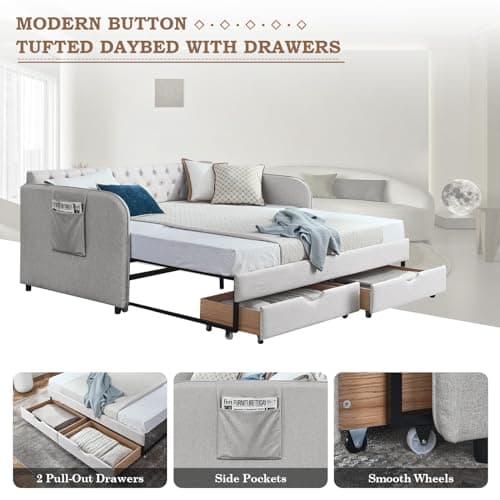 Twin Size Day Bed with Trundle and Storage Drawers for Living Room or Guest Room