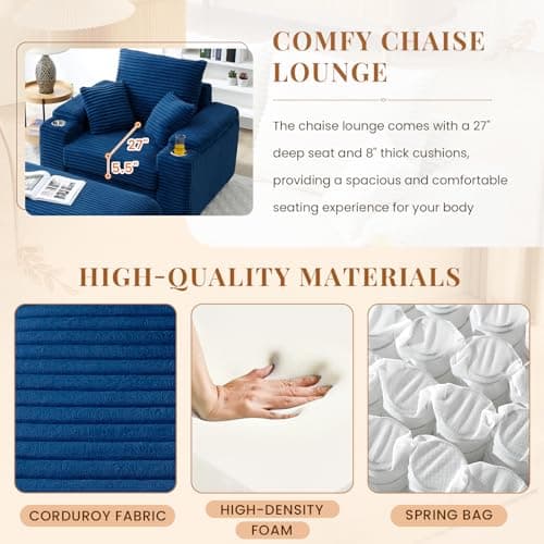Cozy Blue Chaise Lounge Chair with Storage Ottoman & Cup Holders