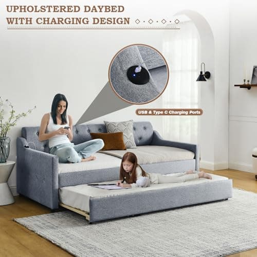 Twin Day Bed with Pop Up Trundle and USB Port for Living Room or Guest Room
