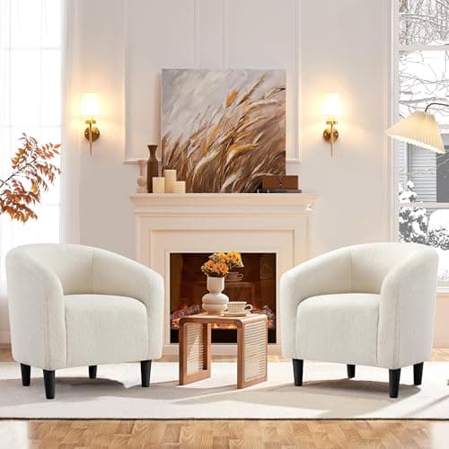 Yaheetech Furry Accent Barrel Chairs Set of 2 - Soft Padded Armrests, Ivory
