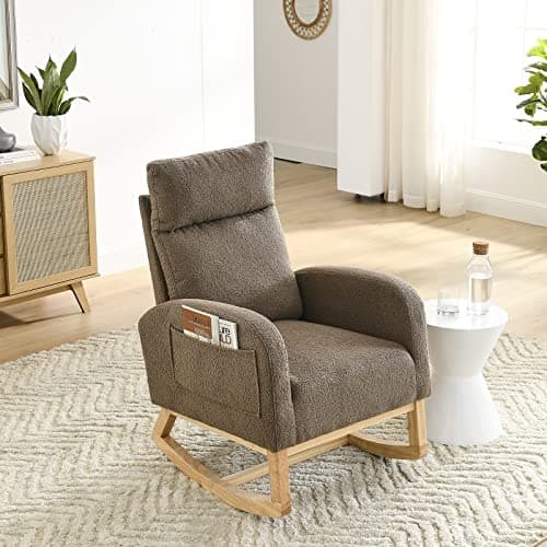 Modern White Fabric Upholstered Rocking Glider Chair with Side Pockets