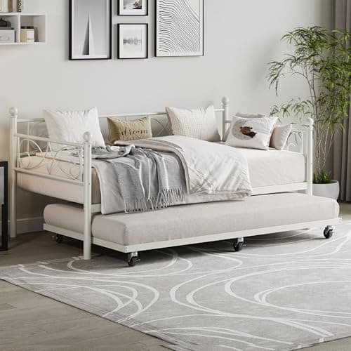 Gold Metal Day Bed, Twin Size with Floral Headboard, Modern SOFE Bed Frame