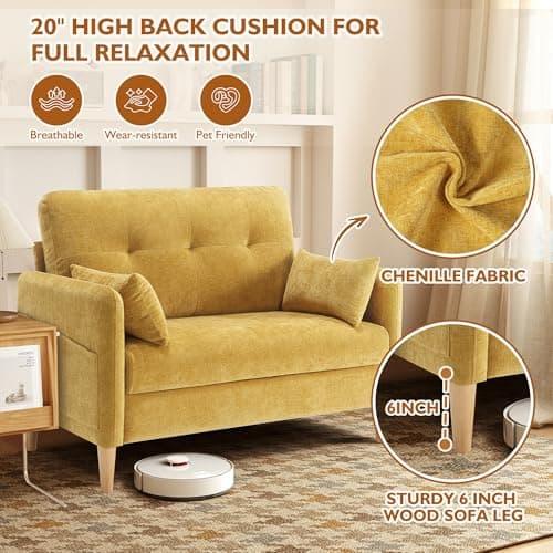 47" Soft Chenille Love Seat Sofa, Tool-Free Setup, All Wood, Yellow