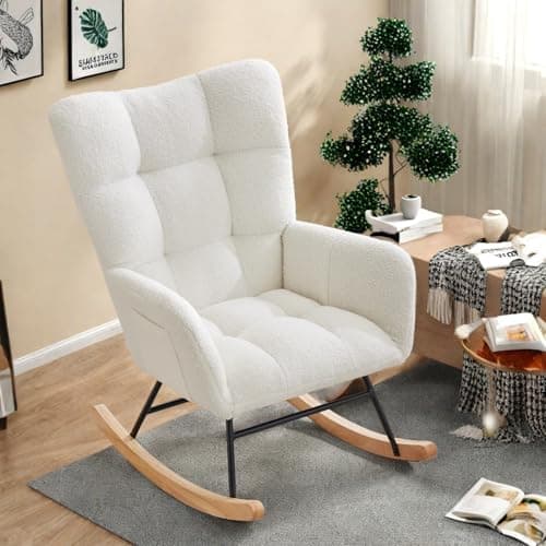 Teddy Upholstered Glider Rocking Chair with High Backrest, Armrest & Side Pockets