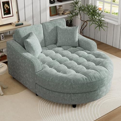 Blue-gray 55" Oversized Chaise Lounger with Chenille Fabric, Pillows, Charge Station & Cup Holders