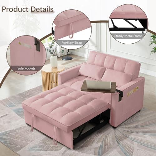 3 in 1 Velvet Sleeper Sofa Bed for Small Spaces (Pink)