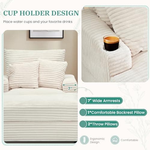 Cozy Chaise Lounge Chair with Ottoman for Indoor, Modern Deep Seat Sofa (White)