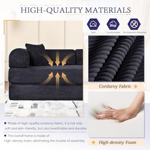 JEEOHEY Convertible Sofa Bed, Queen Size Memory Foam Couch for Living Room & Bedroom, Black