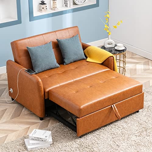 Merax Sleeper Couch with Pull Out Bed, Compact Brown Sofa for Living Room or Bedroom, Includes Mattress