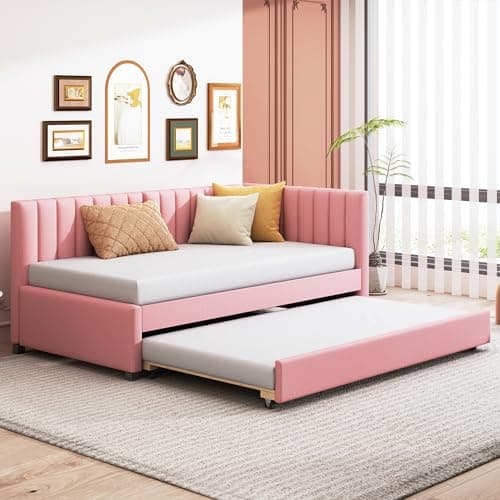 Velvet Daybed with Storage Drawers and Striped Headboard Design